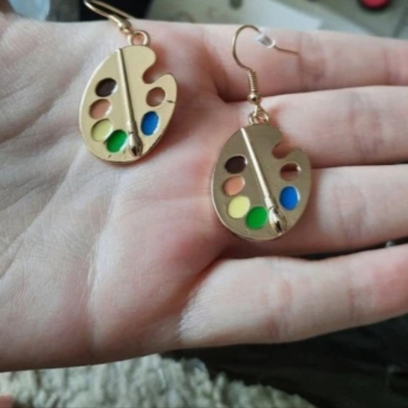 Artist Paint Palette Earrings Gold Tone Dangle Drop Earrings - Picture 5 of 6